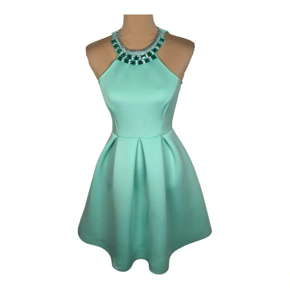 👗 CAROLINA USA BEDAZZLED MINT GREEN PUFFY‎ HALTER NECK DRESS NWT MEDIUM - Picture 1 of 8